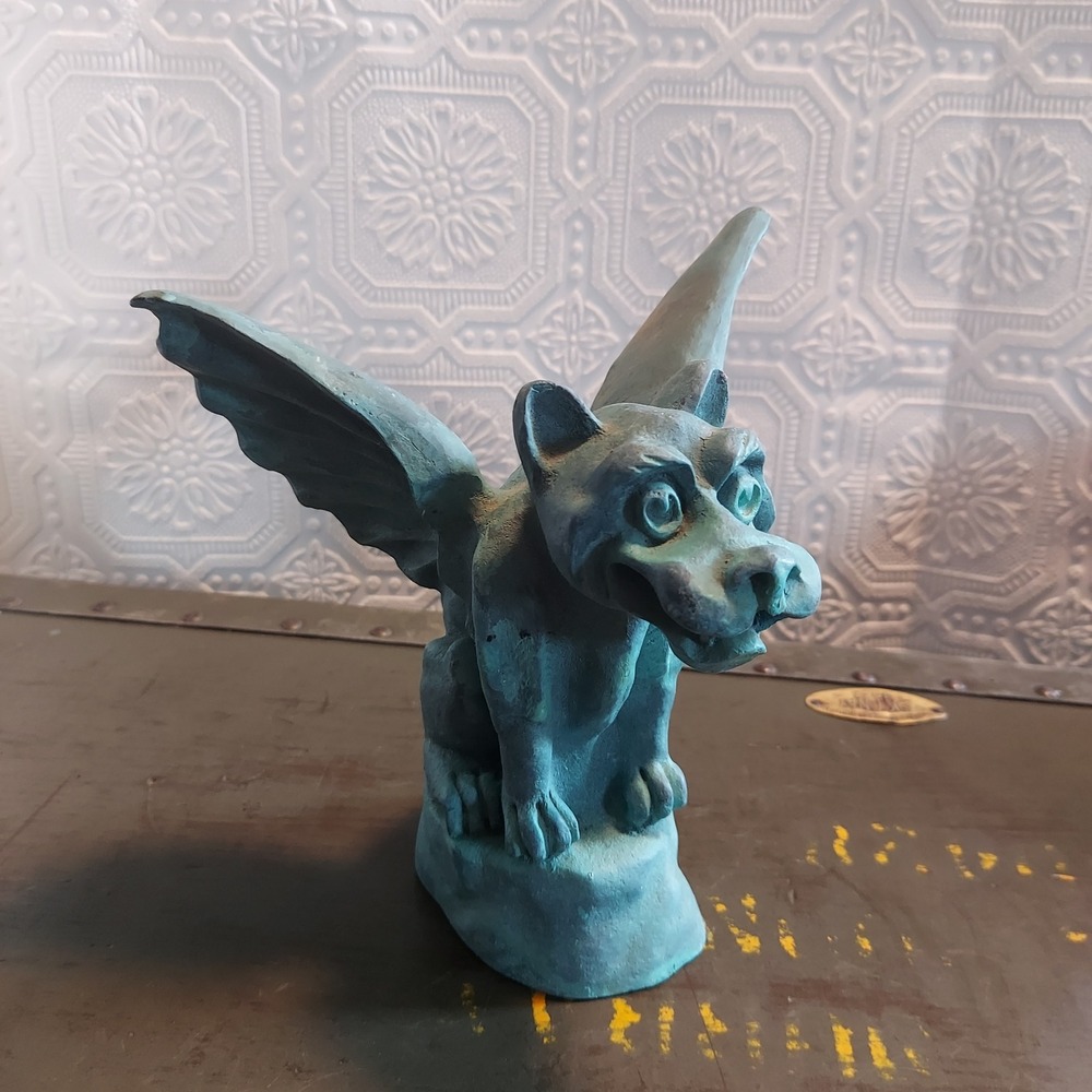 Vintage Gothic Gargoyle Statue Winged Verdigris Finish Fantasy Decor 7x6in